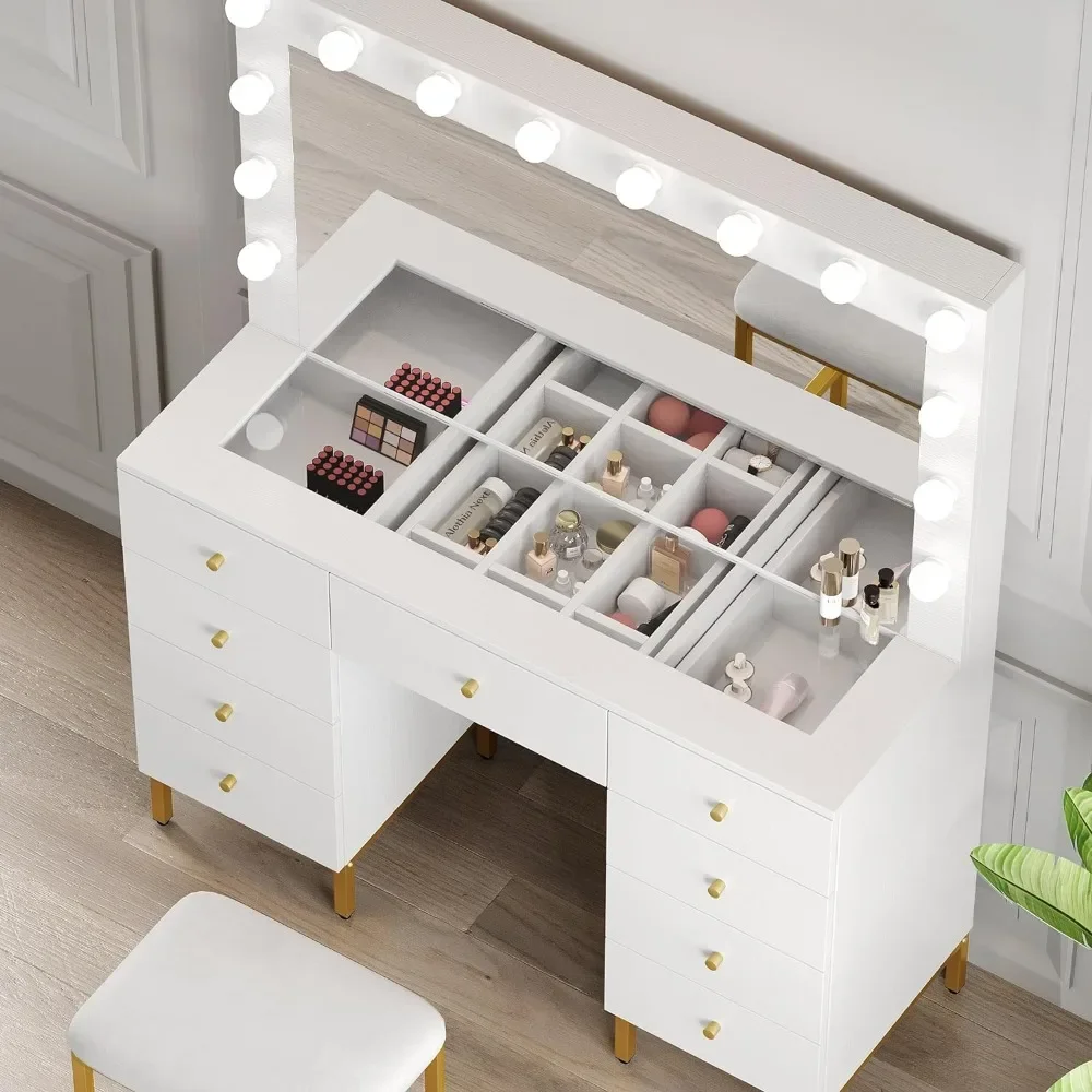 Large White Makeup Vanity Desk Set with Hollywood Bulbs Mirror & Charger Station, Glass Top Vanity with 9 Drawers and Adjustable