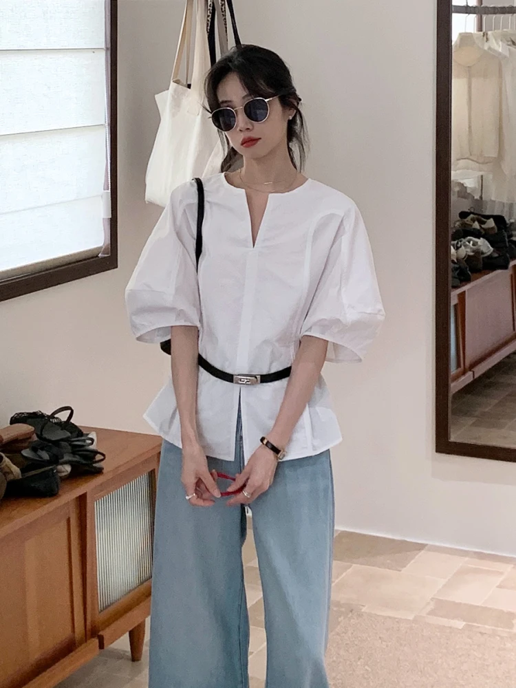 

BRIVIN Корейский женский стиль Irt V-Ne Design Дышащий свободный крой ort Sve Белый топ-фонарь с застежкой на талии