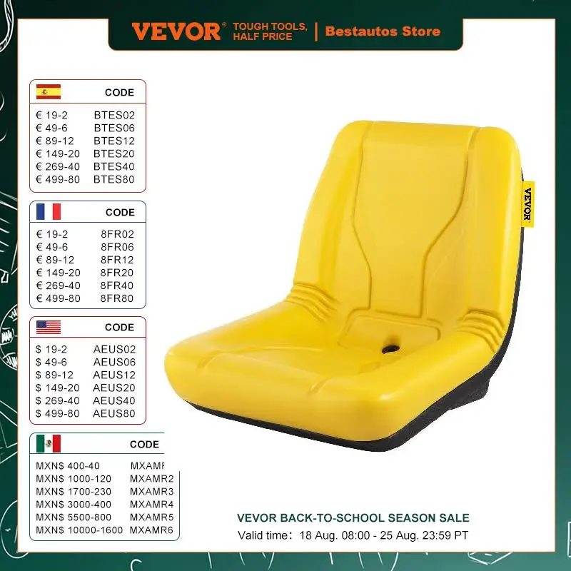 VEVOR Universal Tractor Seat Industrial High Back PVC Lawn and Garden Mower Replacement Steel Frame Compact Forklift Seat Yellow