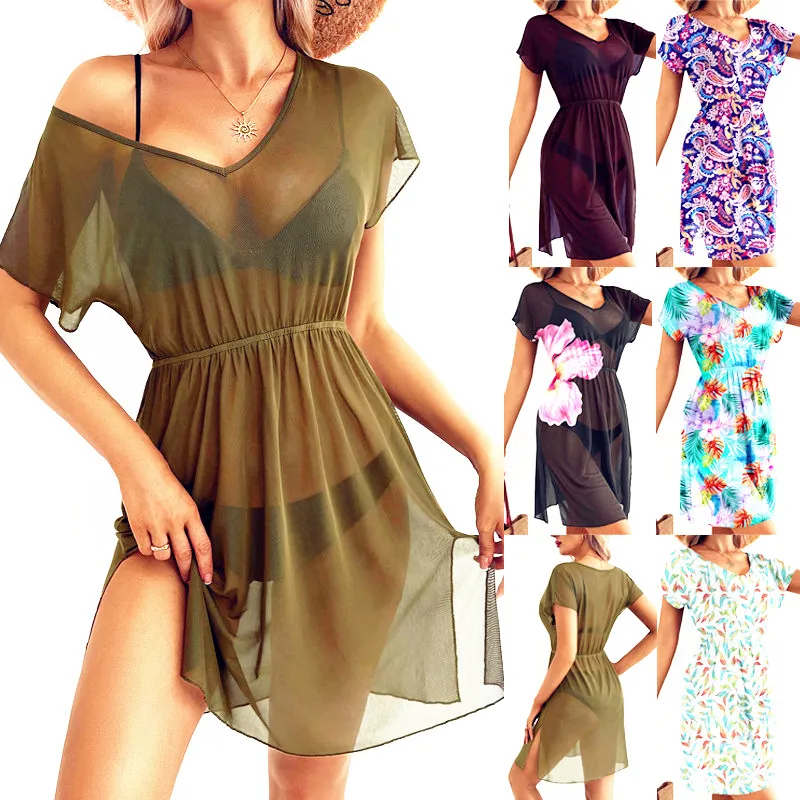 

Модное повседневное женское платье с V-образным вырезом, короткими рукавами, сексуальным кружевным сетчатым топом, подчеркивающим талию, и цветочным принтом, мини-платье.