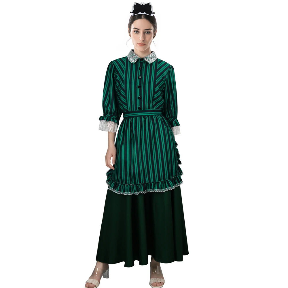 Movie Haunted Mansion Costume Housemaid Cosplay Green Apron Skirt Headwear Outfits Scary Halloween Party Suits for Women