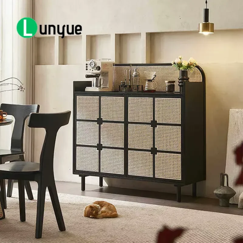 Solid Wood Rattan Modern Eco Friendly Living Room Tea Cabinet Side Storage Locker Furniture for Home Decor