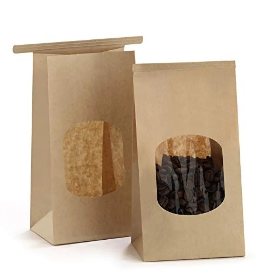 Small Bakery Bags with Window 50Pcs 3.54x2.36x6.7 Inches Window Tin Tie Tab Lock Kraft Brown Paper Bags for Coffee Bean, Cookie