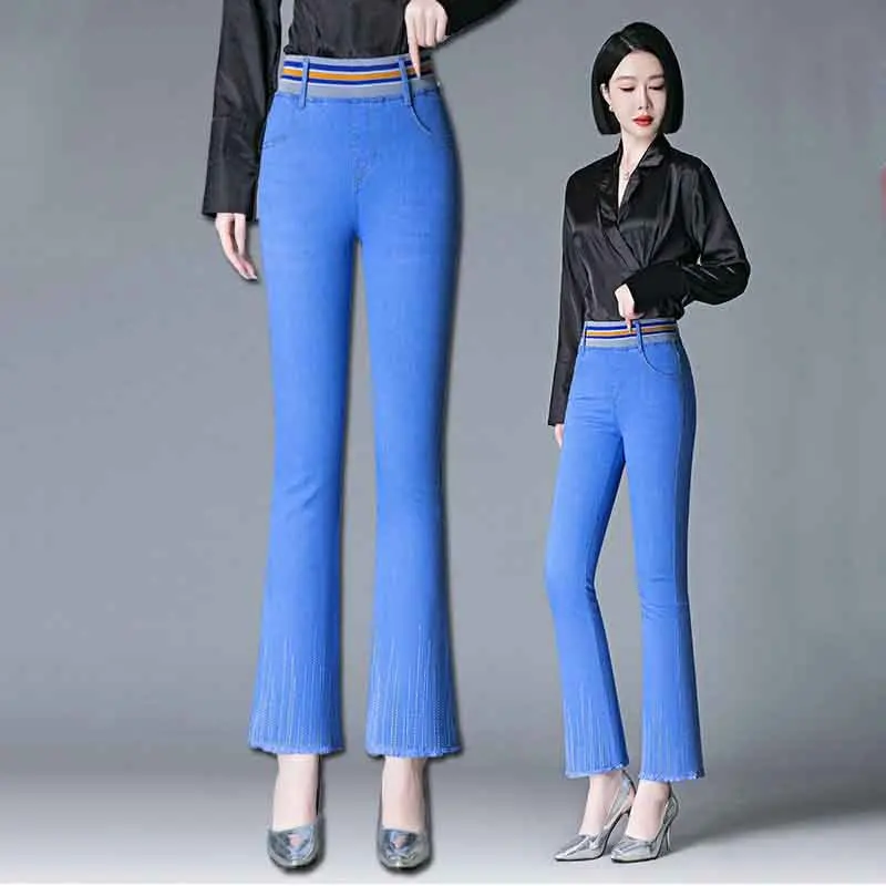 Spring Summer Fashion Korean Simple Casual Flare Jeans Women New Solid Wash Elastic High Waist Embroidery Straight Cropped Pants