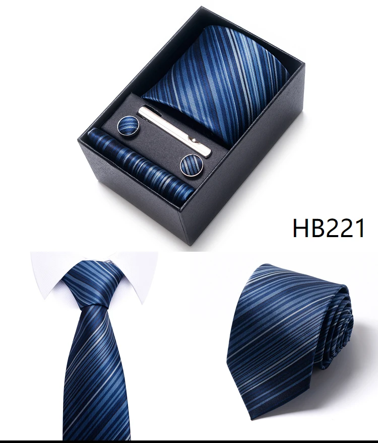 Krawatte Taschentuch Manschettenknopf Set für Männer Krawatte Urlaub Geschenkbox Blau Gold Anzug Zubehör Schlanke Hochzeit Gravatas – Detail 27