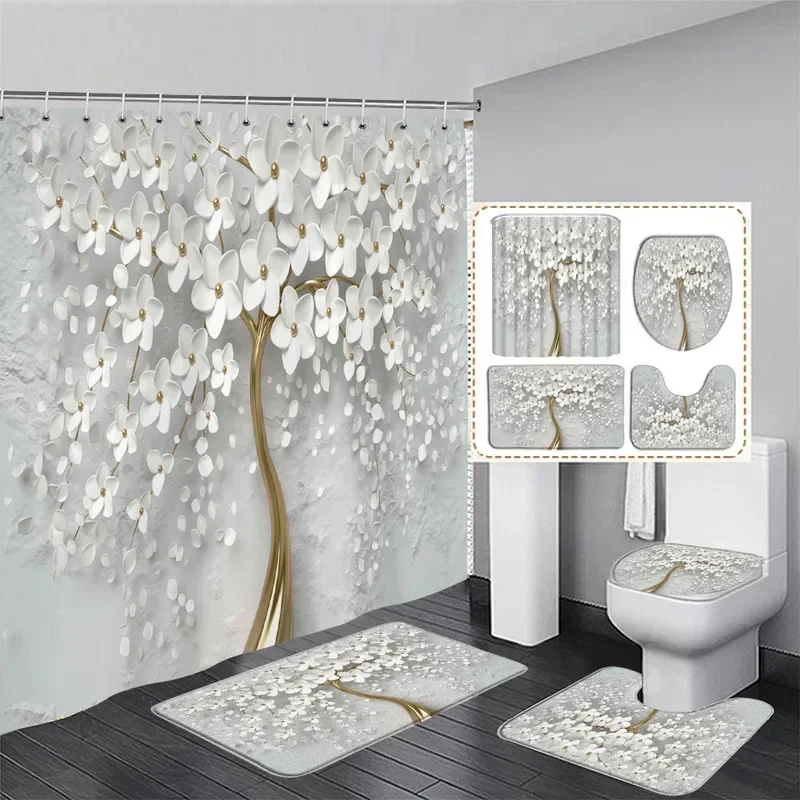 Fashion Pearl floral shower curtain set diamond Swan White stripe geometric woman home bathroom decor bath mats toilet lid cover