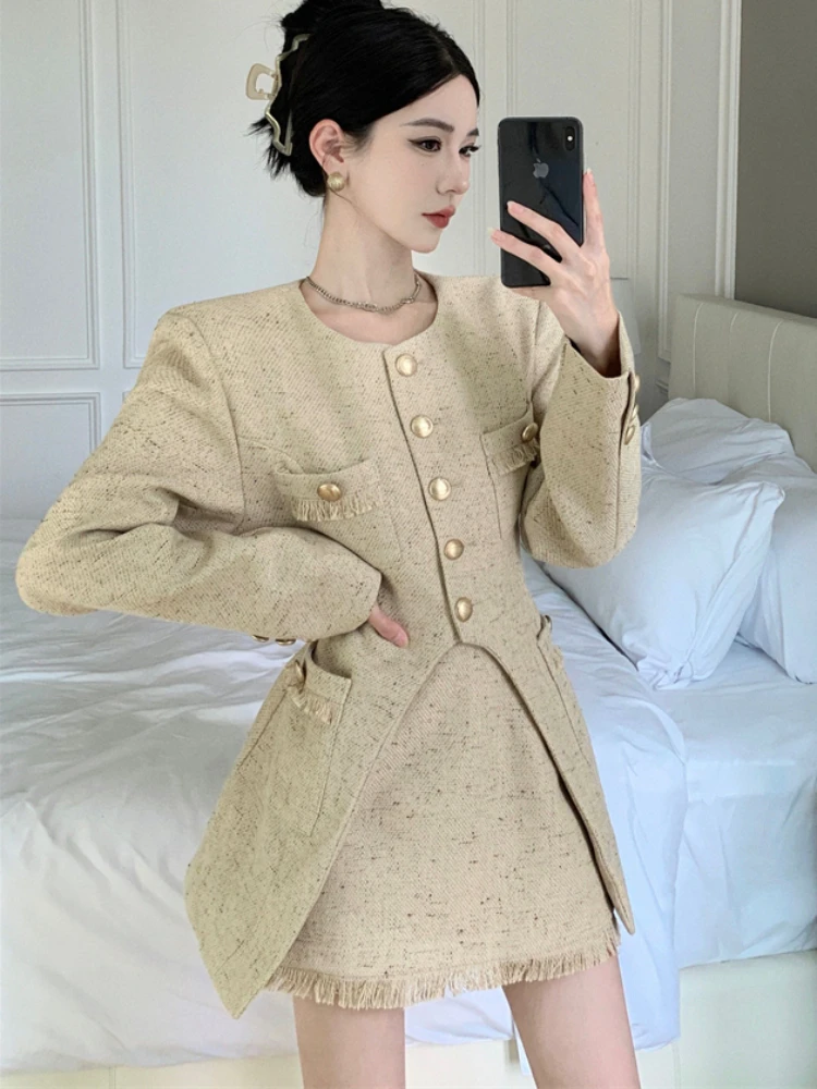 New Small Fragrance Tweed Fashion Ladies Set Chic O Neck Jacket + High Waist A Line Slim Skirt Korean Autumn Women Two Piece Set