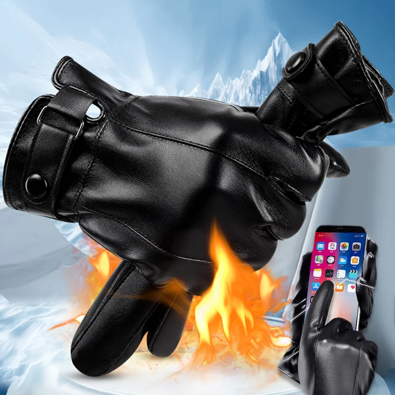 Men's Mittens Black Winter Keep Warm Touchscreen Glove Plus Fleece Windproof Driving Mitten Male Autumn Winter PU Leather Gloves