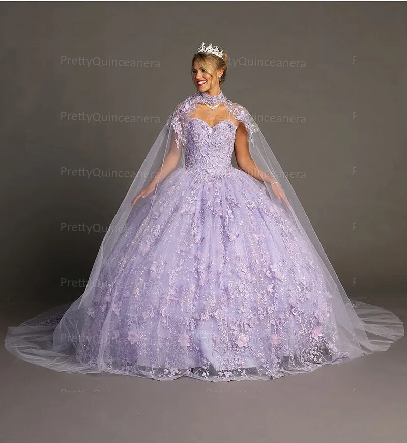 Sparkly Sequins Sweetheart Neckline Lace Over Removable Cape Quinceanera Dress with 3D Butterflies and Flowers for Sweet 16