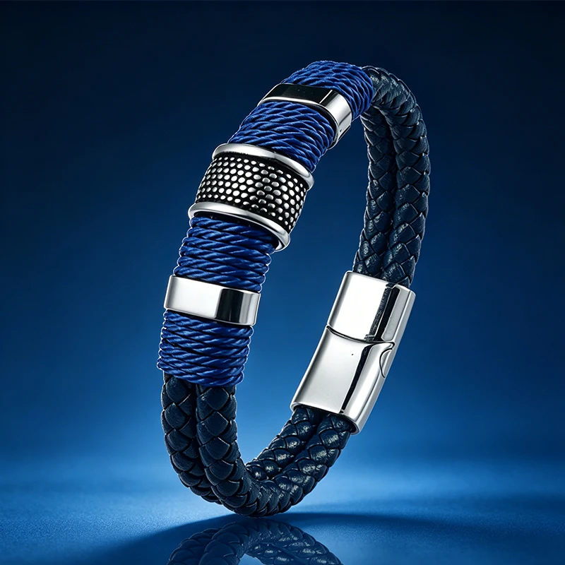 Neues Blaues Geflochtenes 5-Farben Leder Edelstahl Herren Armband Magnetverschluss Handgefertigtes Armband für Männer Casual Tägliches Tragen