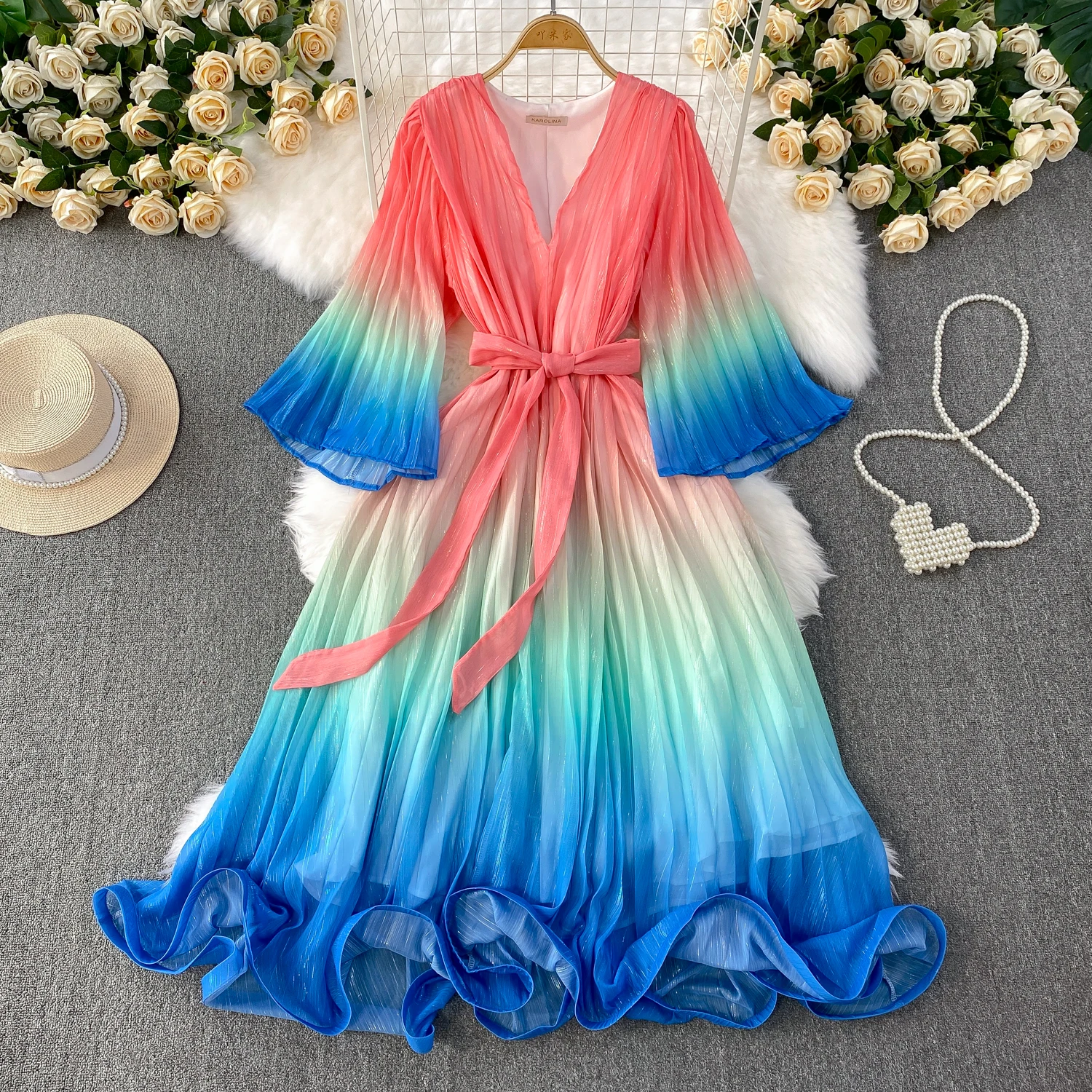 

Women Luxury Gradient Color Long Dress Bright Flowy Swing Short Sleeve Deep V Dress Lady Elegant Dinner Banquets Festivel Dress