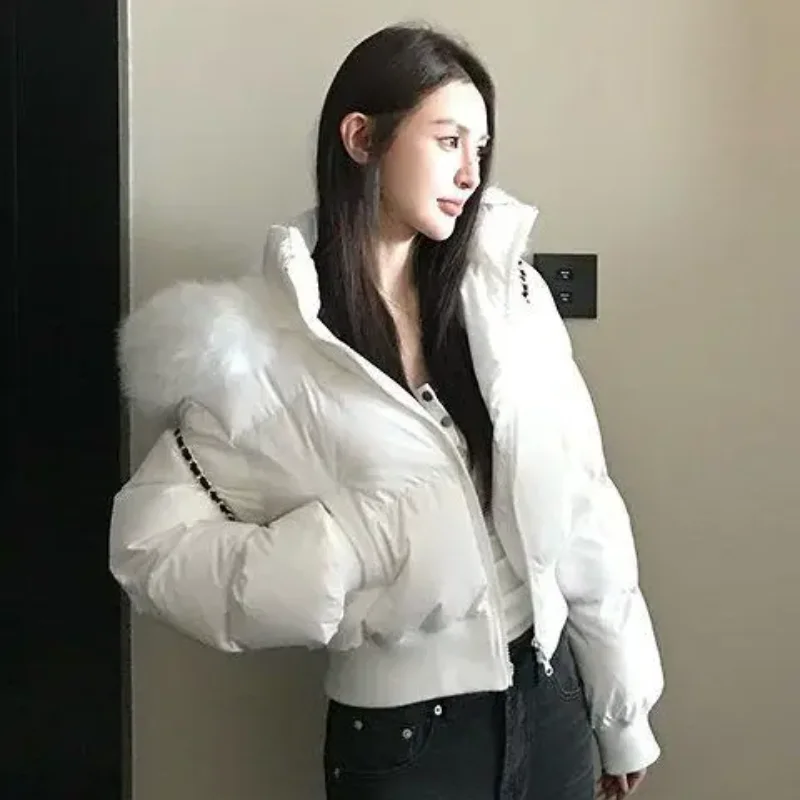 American retro zipper cardigan spicy girl slim fit cotton jacket autumn and winter hooded thick fur collar warm women's top