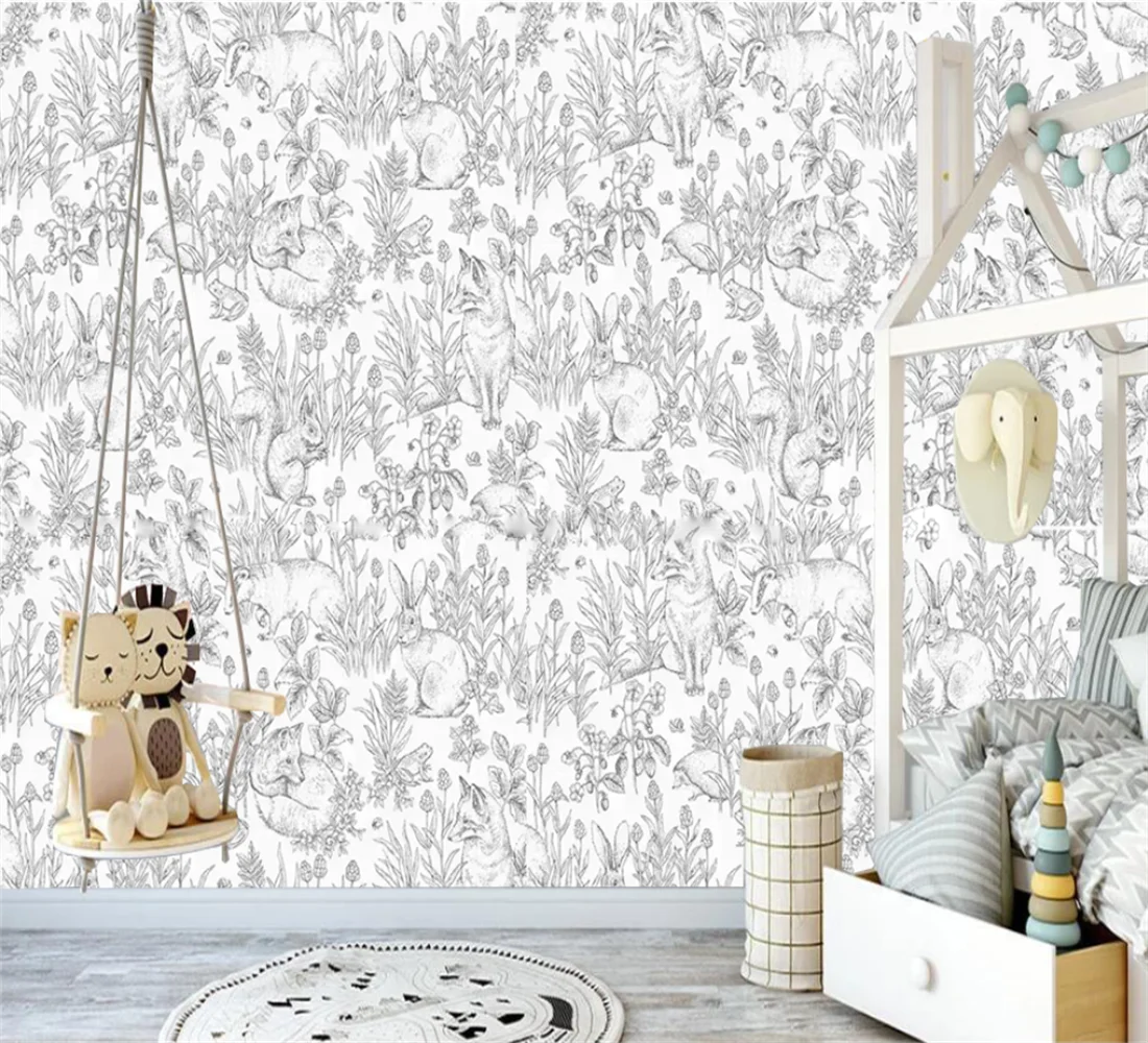 

Customized Size Mural Sketching Wallpaper French Rabbit Children's Room Daughter Room Black and White Flower Animal Wallpaper
