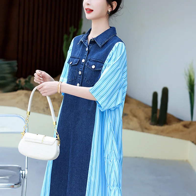 #3144 Summer Denim Shirt Dress Women Batwing Sleeve Loose Polo Neck Spliced Color Asymmetrical Short Shirt Dress Female Buttons