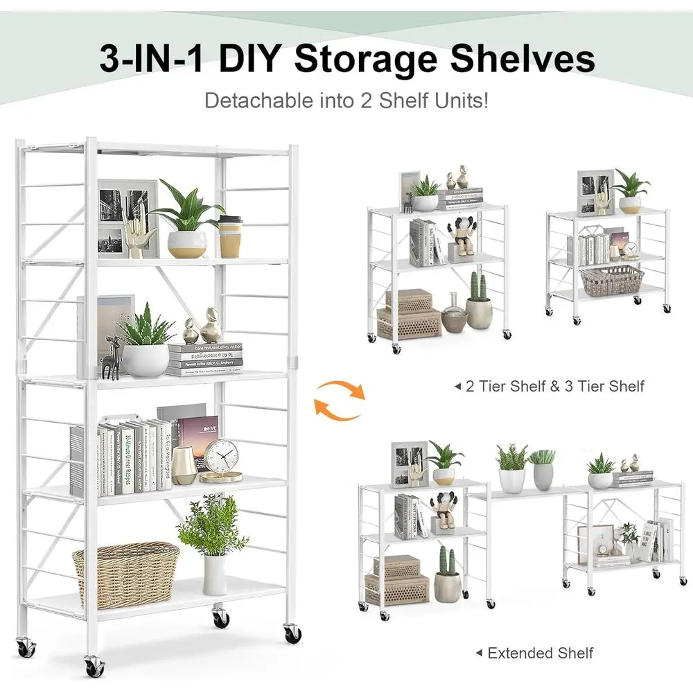 Регулируемые 5-уровневые складные металлические полки на колесах, стеллаж для хранения на 2 предмета, для кухни, комнаты, гаража, белый