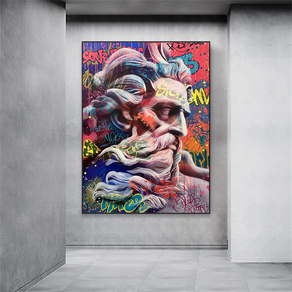 Abstract Print Colorful Zeus Statue Poster Large Modern Graffiti Greek Art Greek God Sculpture Canvas Painting Home Wall Decor