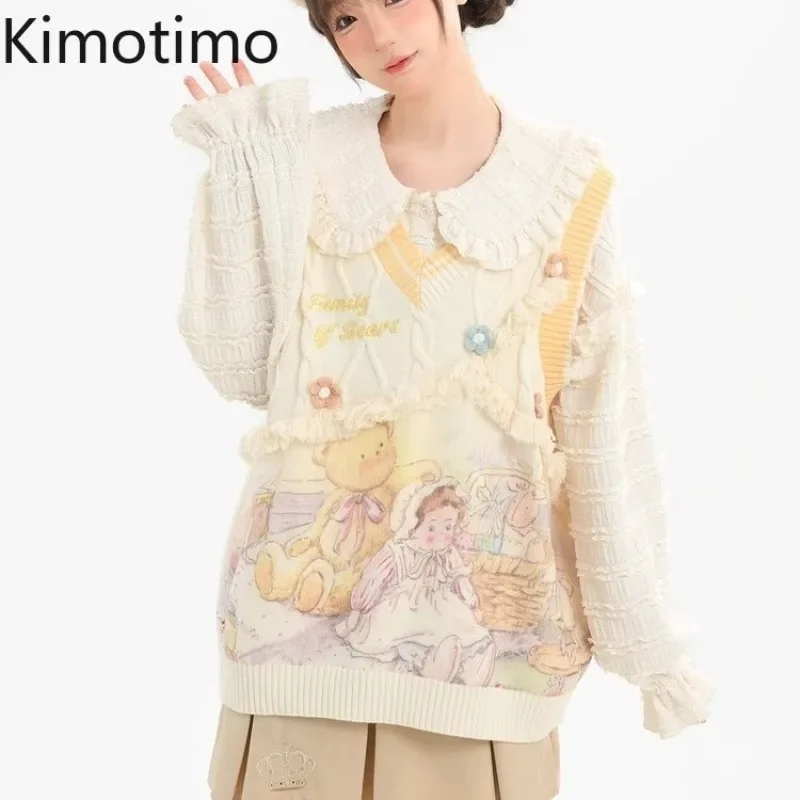 Kimotimo Printed Stitching Flowers Knitted Vest Women V Neck Contrast Overlap Sweet Pullover Korean Preppy Style Loose Sweater