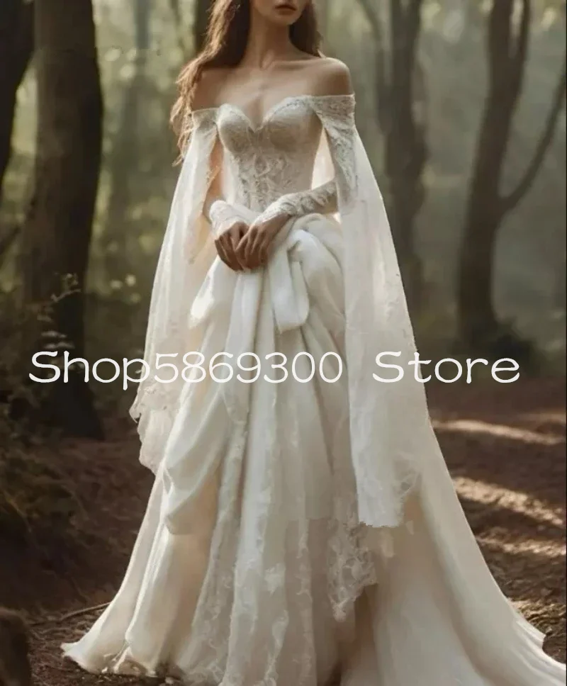 Vestido de novia de época renacentista Medieval con capa con hombros descubiertos, manga larga, encaje marfil, corte en A, vestido de novia Vintage personalizado