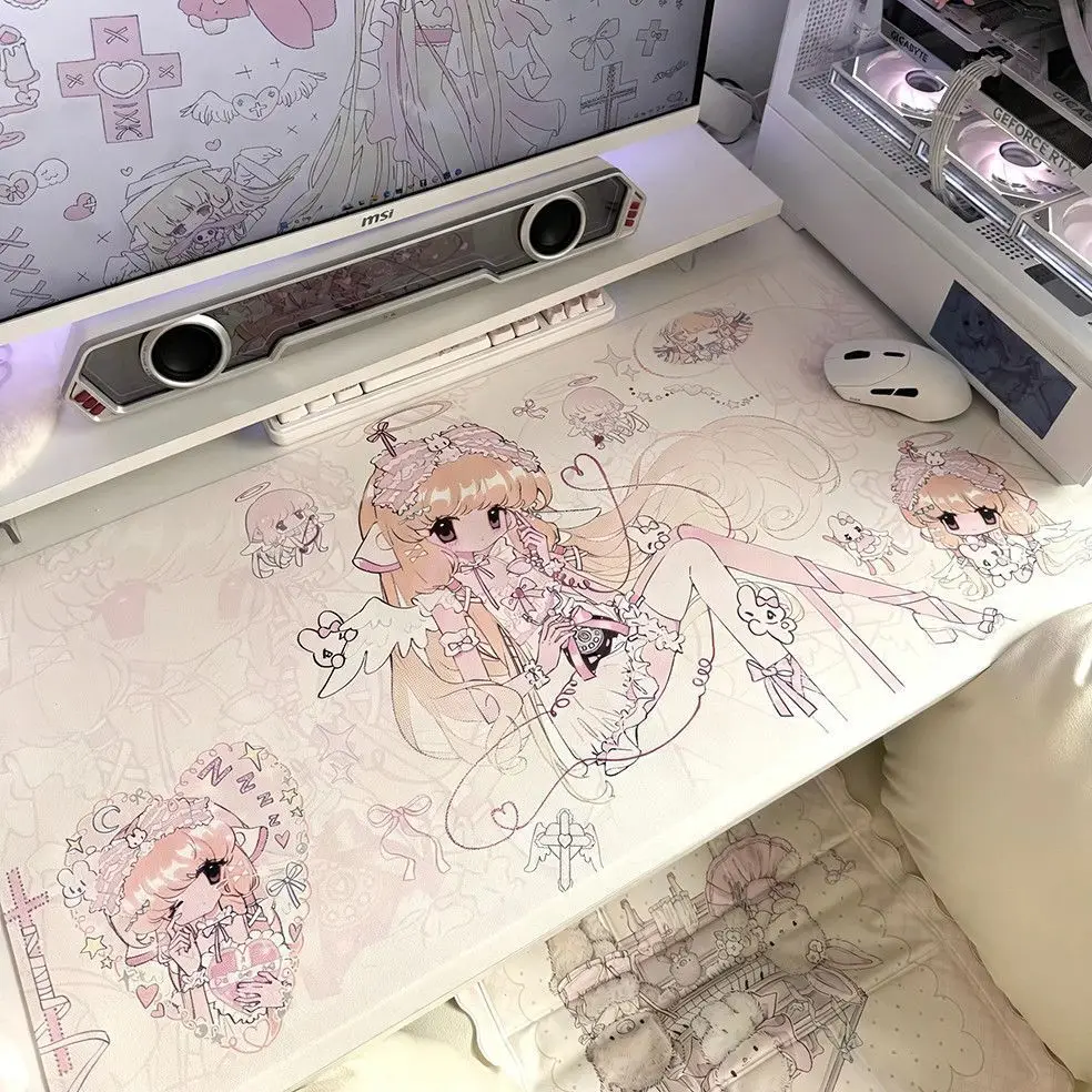 PU Leather Mouse Pad Kawaii Anime Pink Girl Cross Angel Bow Mouse Pad Office Desk Mat Waterproof Non-Slip PU Desk Blotter Pad