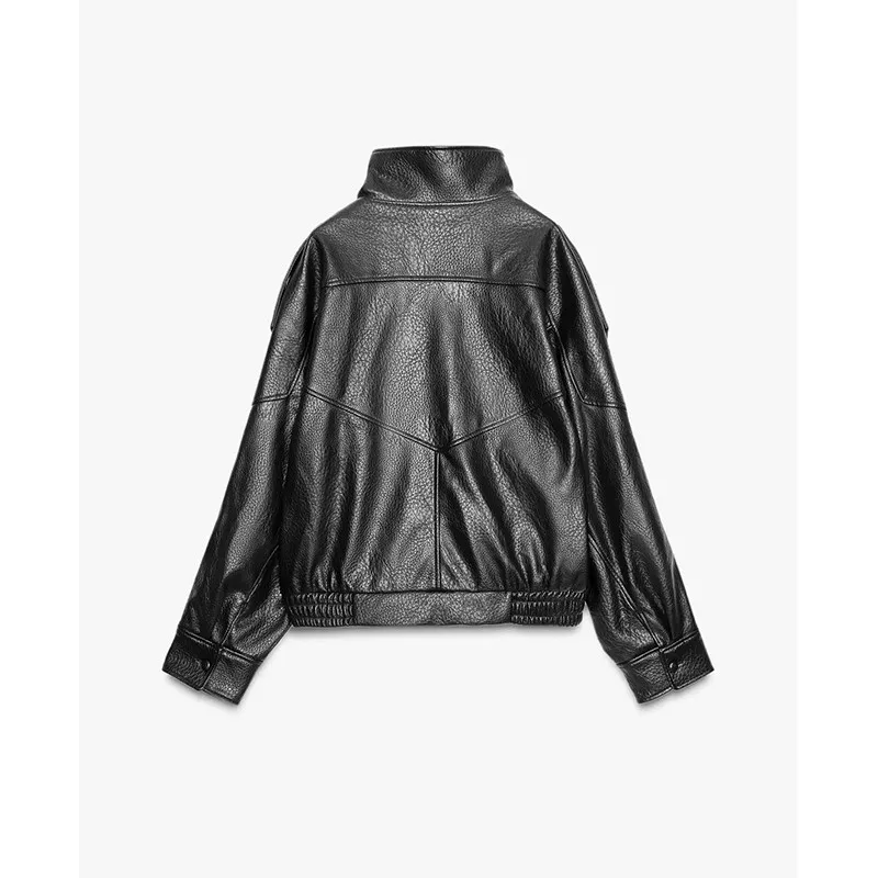 Frauen Lange Sve Zipper Kunstleder Jaet Stehkragen Mantel Herbst Neue Ankunft Casual Pendeln Sle Lose Fit Leder Mantel