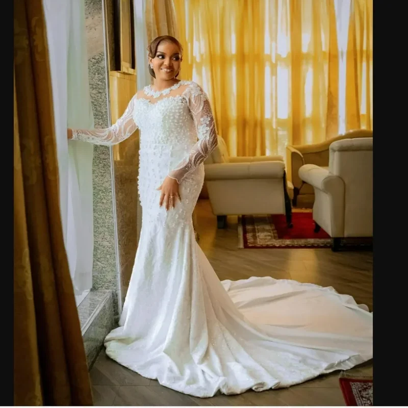 カスタムメイドのOネック、手刺繍のパールとスパンコールをあしらったウェディングドレス、花嫁用ローブ・ド・マリエ、スイープトレイン、フルスリーブ、ヴィンテージブライダルガウン