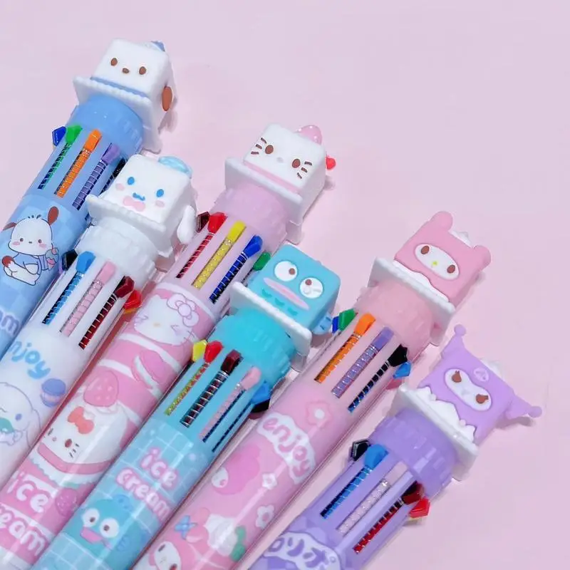 Small Square Kuromi Hello Kitty Cinnamon Cat Ten Color Pen Cute Cartoon Box Girl Heart Ballpoint Pen Student Office Stationery