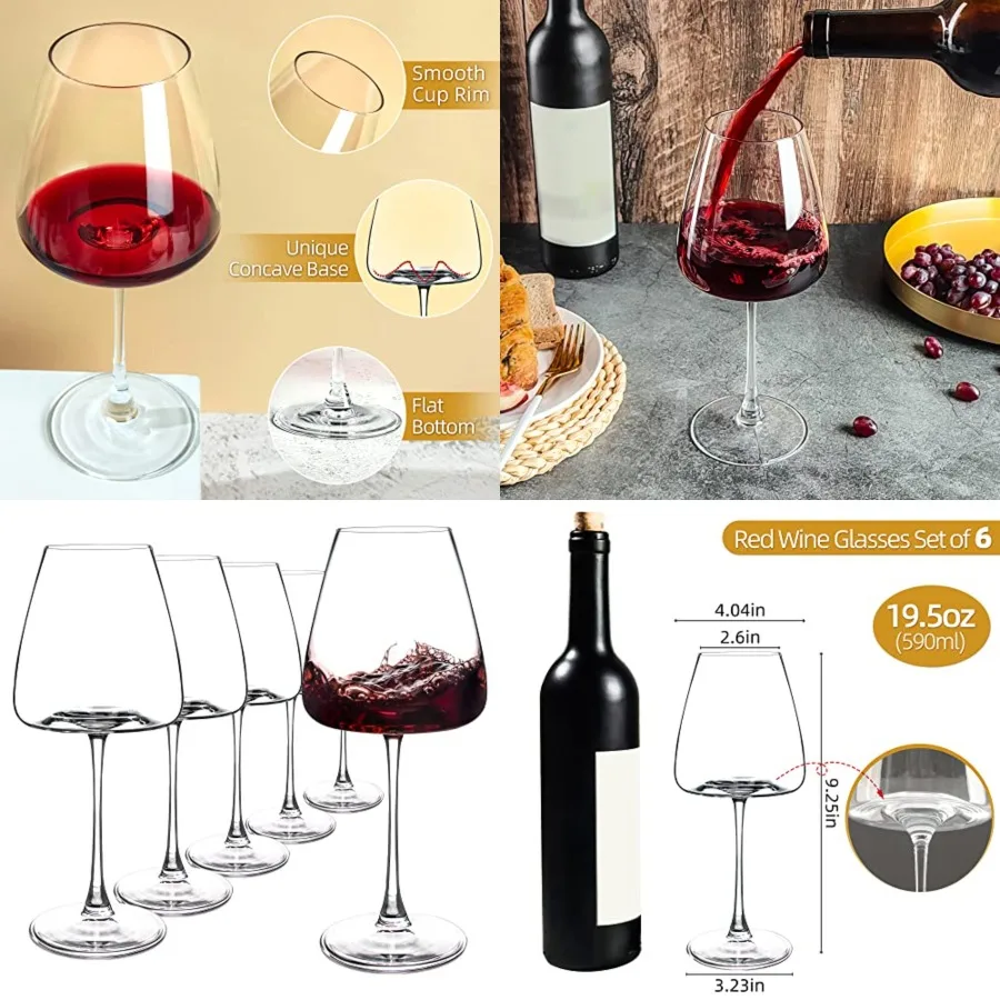 

Red Wine Glasses Set of 6, 19.5 oz Durable Wine Glasses, Large Long Stem Wine Glasses with Unique Concave Bowl Base for Wine Ta