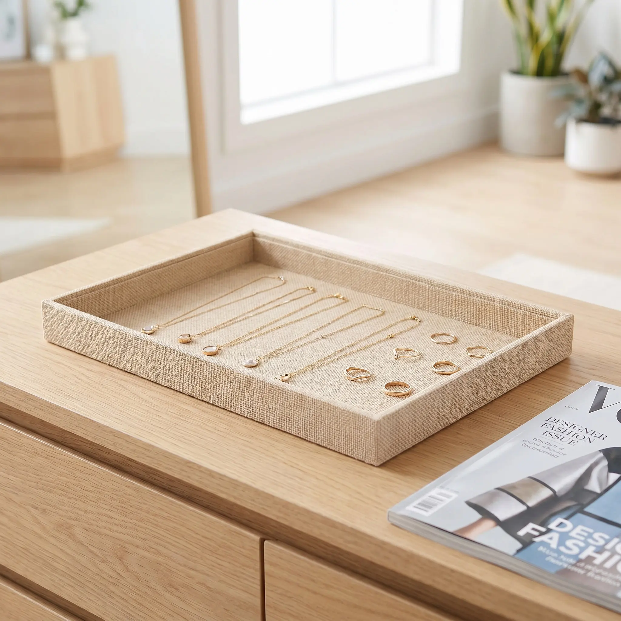Natural Linen Jewelry Tray Organizer Vintage Style Rustic Trinket Dish for Women Necklace Ring Bracelet Storage 13.7x9.4 Inch