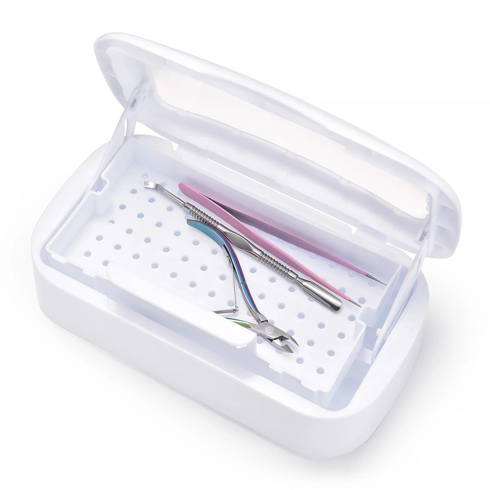 

Nail Tool Sterilizer Box With Removable Tray ABS White Polishing Head Disinfection Box Storage Case For Manicure Tool