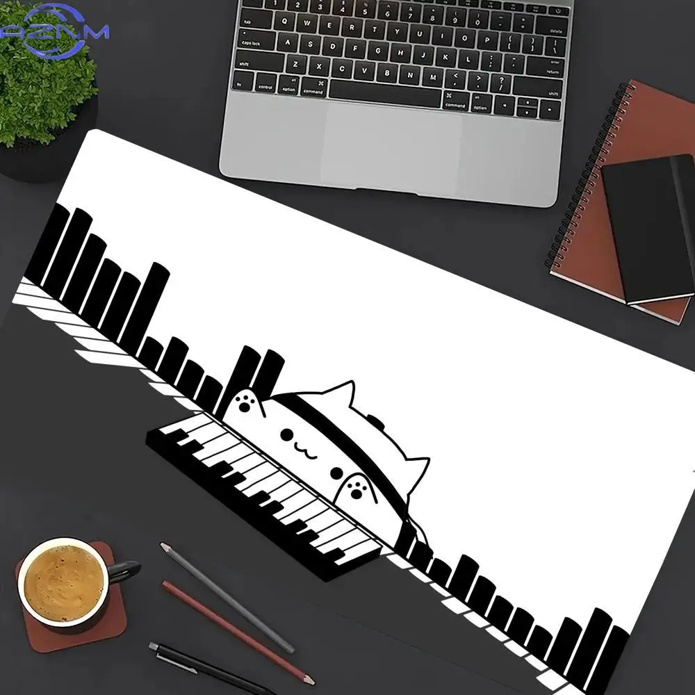 Music Cat Mouse Pad Waterproof Non‑Slip Cute Cartoon Kitty Piano Keys Audio Bar Black White Art Mousepad for Gaming Desktop
