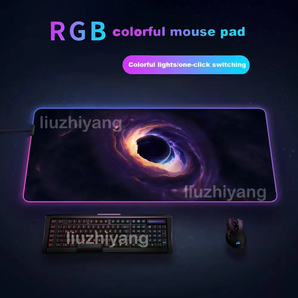 Alfombrilla de ratón con agujero negro, alfombrillas de ratón grandes RGB para juegos, luz LED, bordes bloqueados, accesorios de juego, alfombrillas de mesa, alfombrilla para teclado de PC XXL 90x40cm