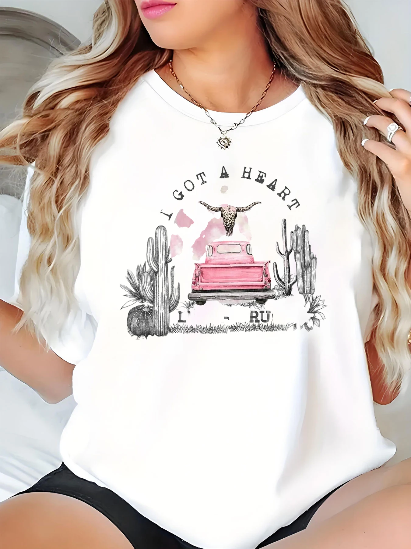 

Valentine's Day Pink Car Cactus Print Women's Loose T-Shirt