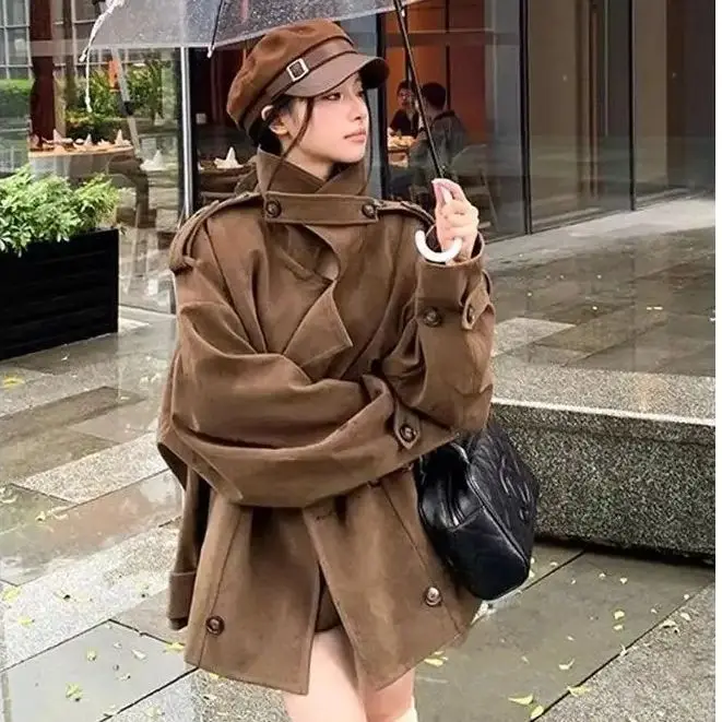 

Stand-Up Collar Long-Sleeved Coat Brown Design Women 2024 New Autumn Hot Selling Korean Retro Loose Casual Coat