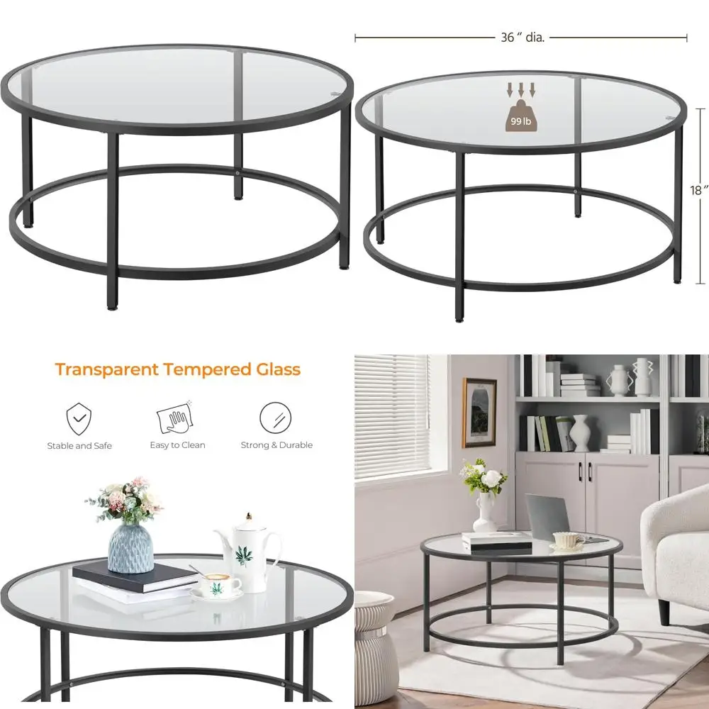 

Round Glass Top Coffee Table - Black Circle Living Room Center Table with Small Size for Modern Home Decor