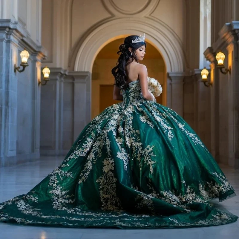 Emerald Green Quincenara Dress 2024 Mexico Gold Lace Beads Vestidos De 15Años Quinceañera XV Brithday Sweet 16 Dresses Ball Gown