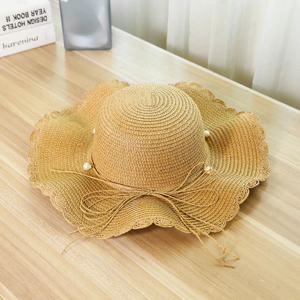 

Ins French Style Pearls Strap Straw Hat Wide Brim Beach Folding Straw Hats Spring Summer Travel Women's Sun Hat Outdoor