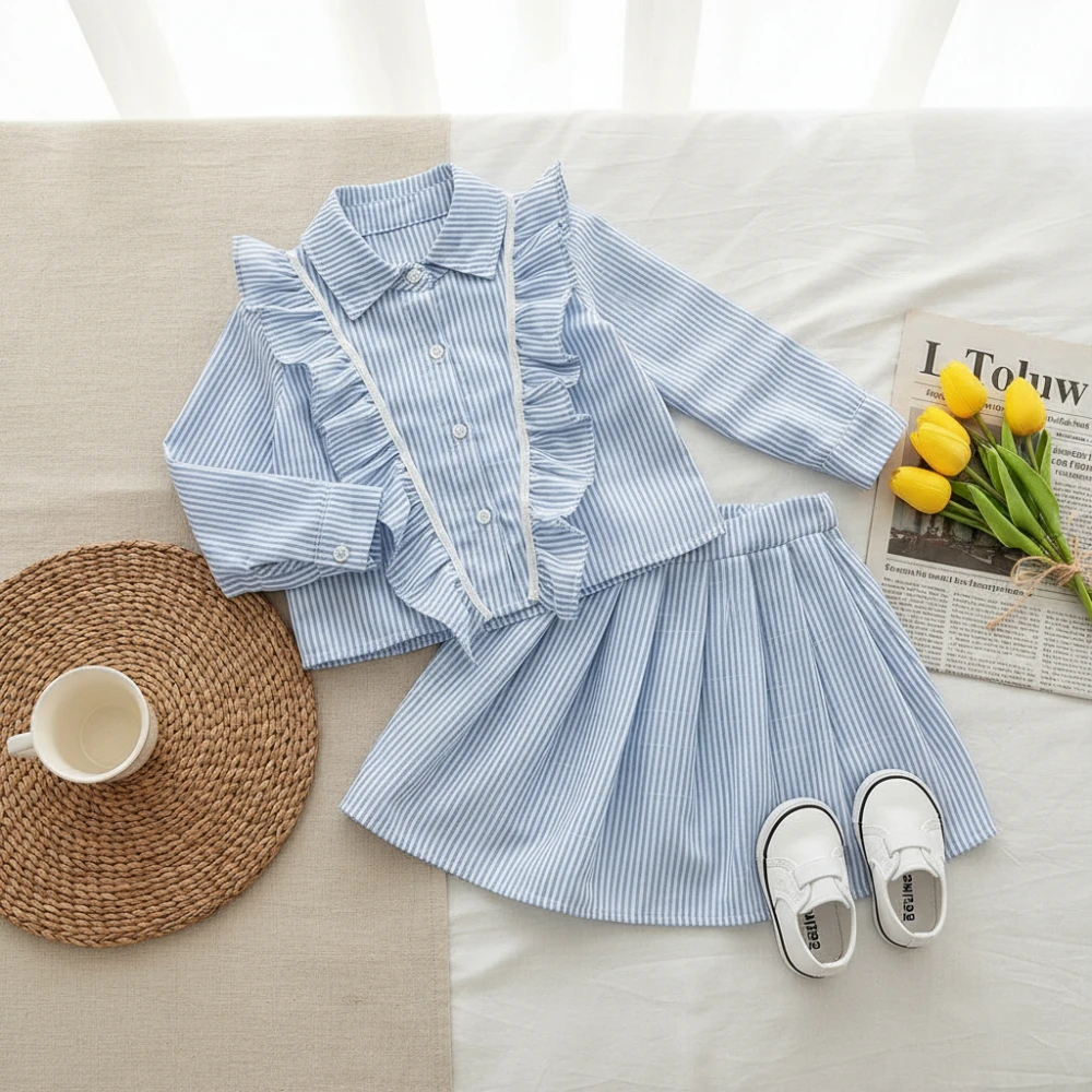 Blue College Style Korean Version Fashion Girl Casual Suit Long Sleeved Lapel Shirt+pleated Skirt Two-piece Set Autumn New Item