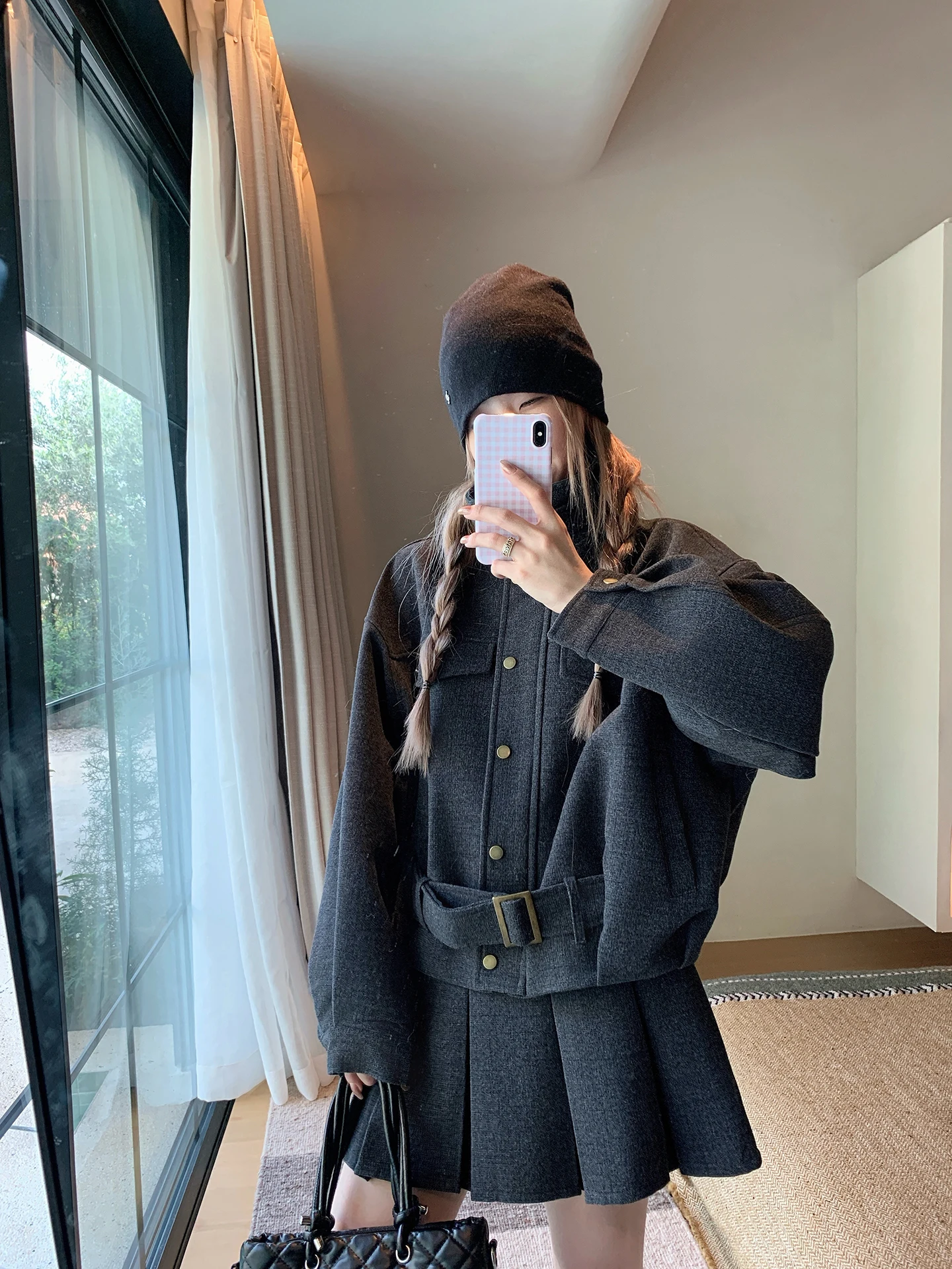 

Winter Faion Set Lin Chu Women's ort Woolen Coat with Stand Collar And f-length Pleated Skirt Thiened Zipper Design