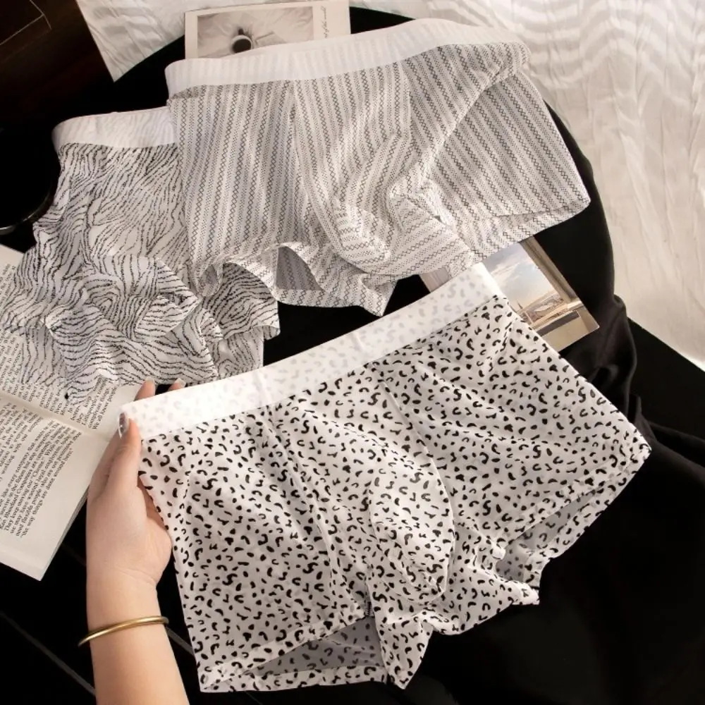 Simple Thin Ice Silk Boxer Briefs See Through Stripe Cool Feeling Underpants Breathable Seamless Men Underwear Daily