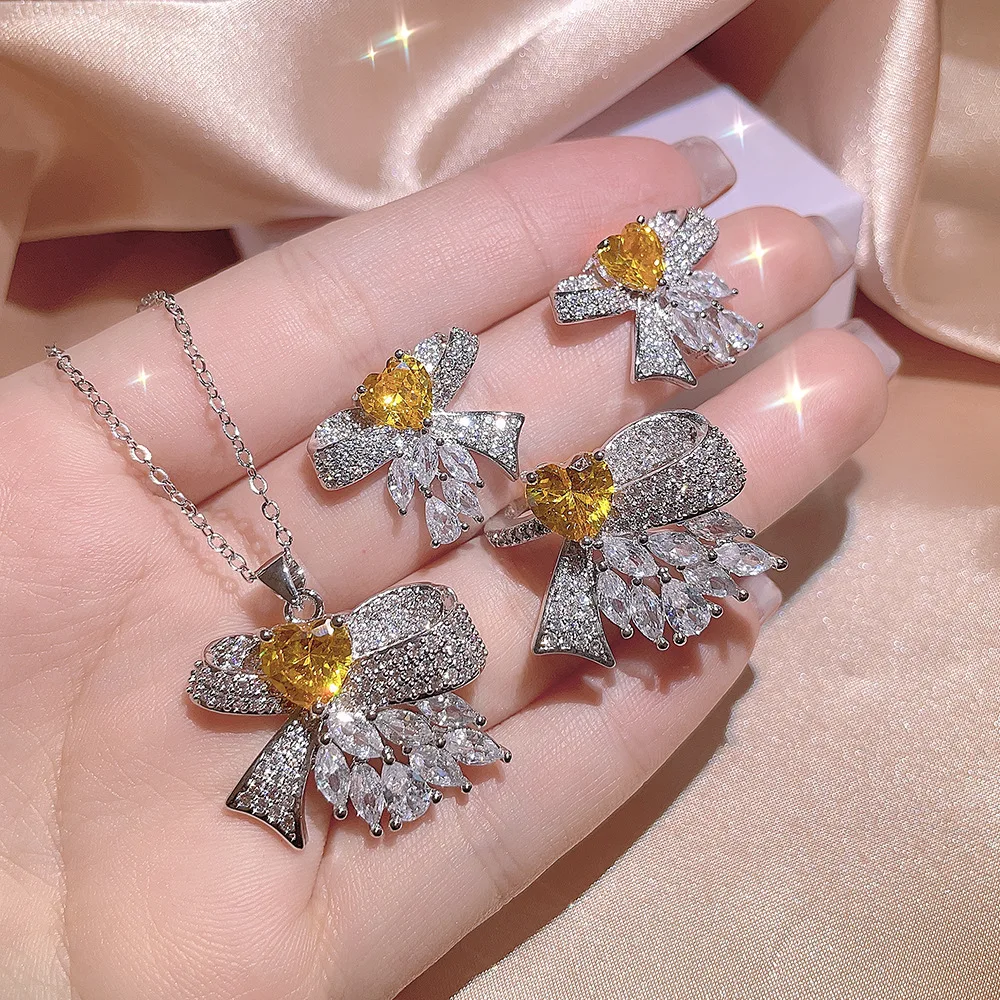 Created Citrine Jewelry Set 3pcs Necklace Earring Ring Set for Women White Gold Plated Fashion Jewelry Party Accessories