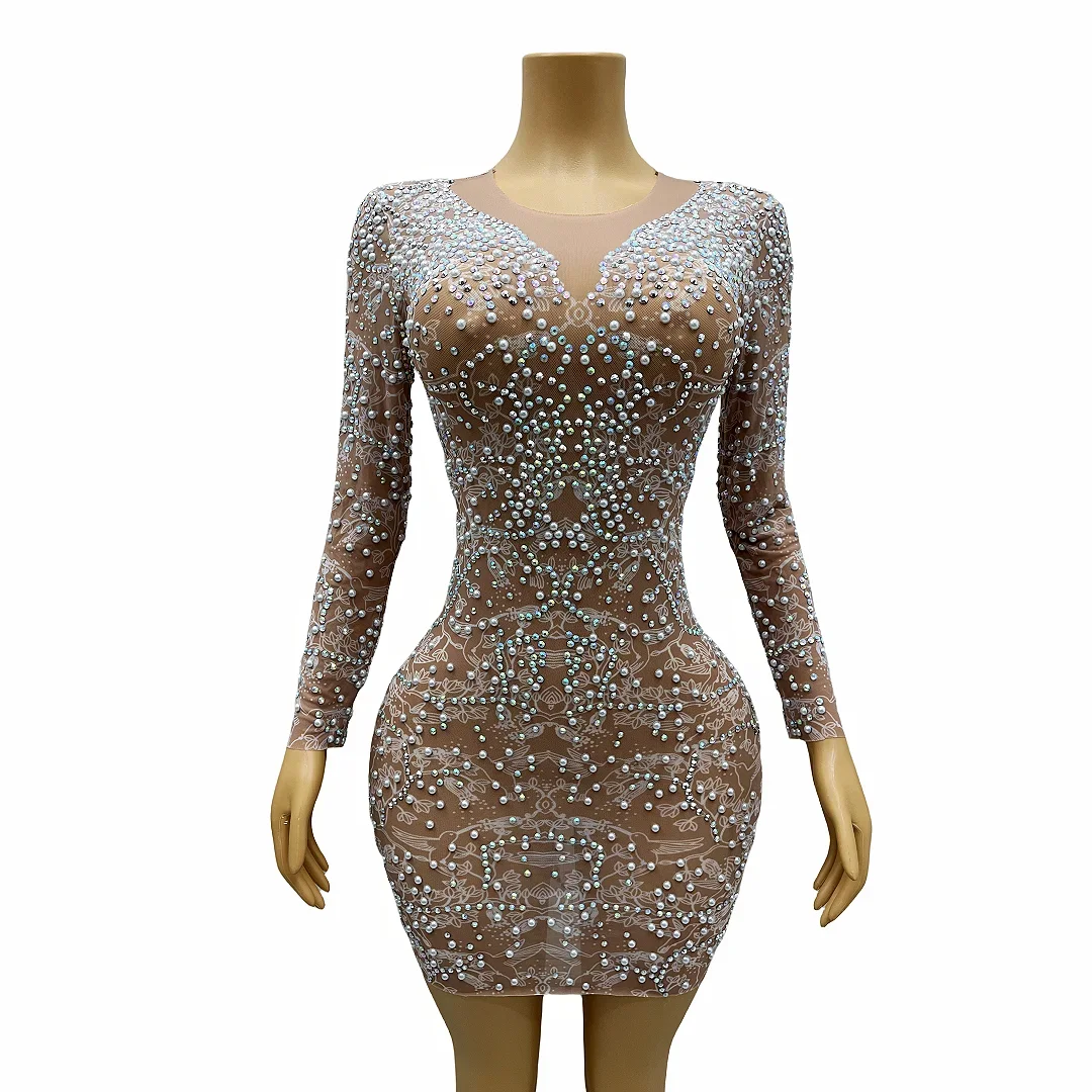 

Sparkly AB Rhinestones Nude Shining Dress Wedding Birthday Transparent Mesh Costume Evening Sexy Dresses