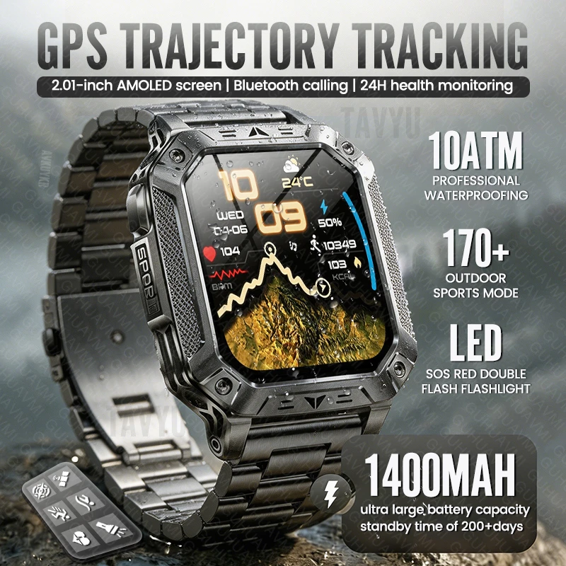 

Новые умные часы 2026 года для активного отдыха с GPS, аккумулятором 1400 мАч, водонепроницаемостью 10ATM, фонариком, Bluetooth-звонками, отслеживанием спортивных показателей, AMOLED HD-дисплеем, для мужчин