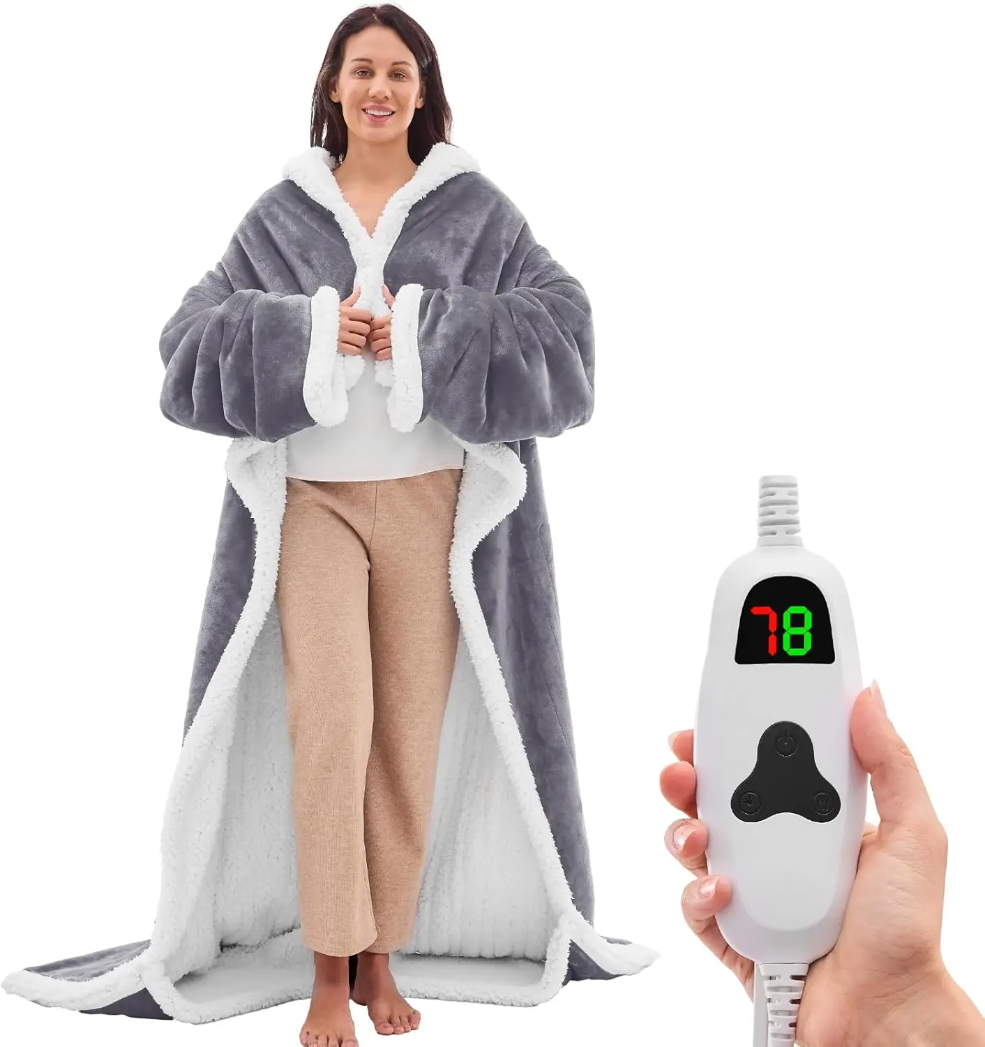 

Wearable Heated Blanket with Sleeves & Foot Pocket - 10 Heat Levels, 5 Timers, 50x70 Inches, Grey