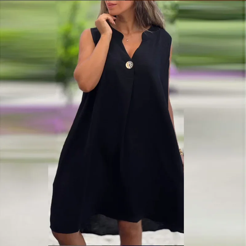 Vestidos Elegantes con cuello en V para mujer, sin mangas, diseño de botones, vestido suelto para vacaciones en la playa, Mini vestido bohemio de moda para mujer