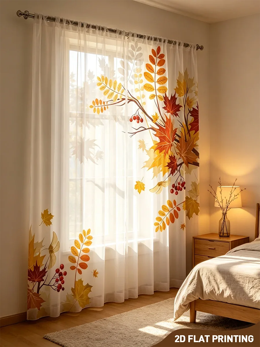 2PCS Digital Print Sheer Curtain, Warm Maple Leaf, Cozy Autumn Seasonal - Voile Drapes for Home Bedroom Living Room Decor