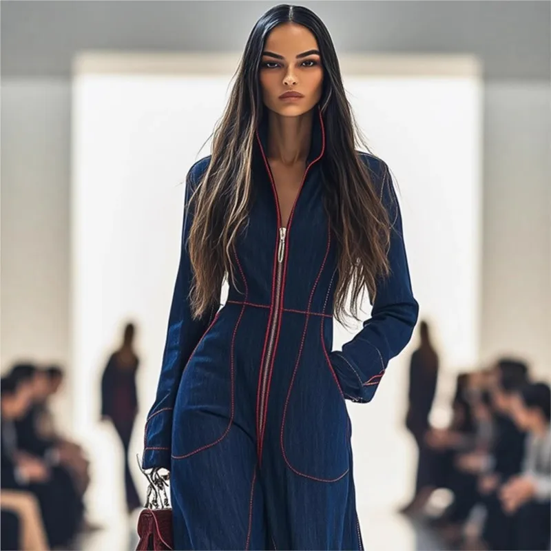 

Модный комбинезон с v-образным вырезом и цветными блоками, карманами и длинными рукавами, весенне-осенний женский повседневный и джинсовый комбинезон в стиле ретро