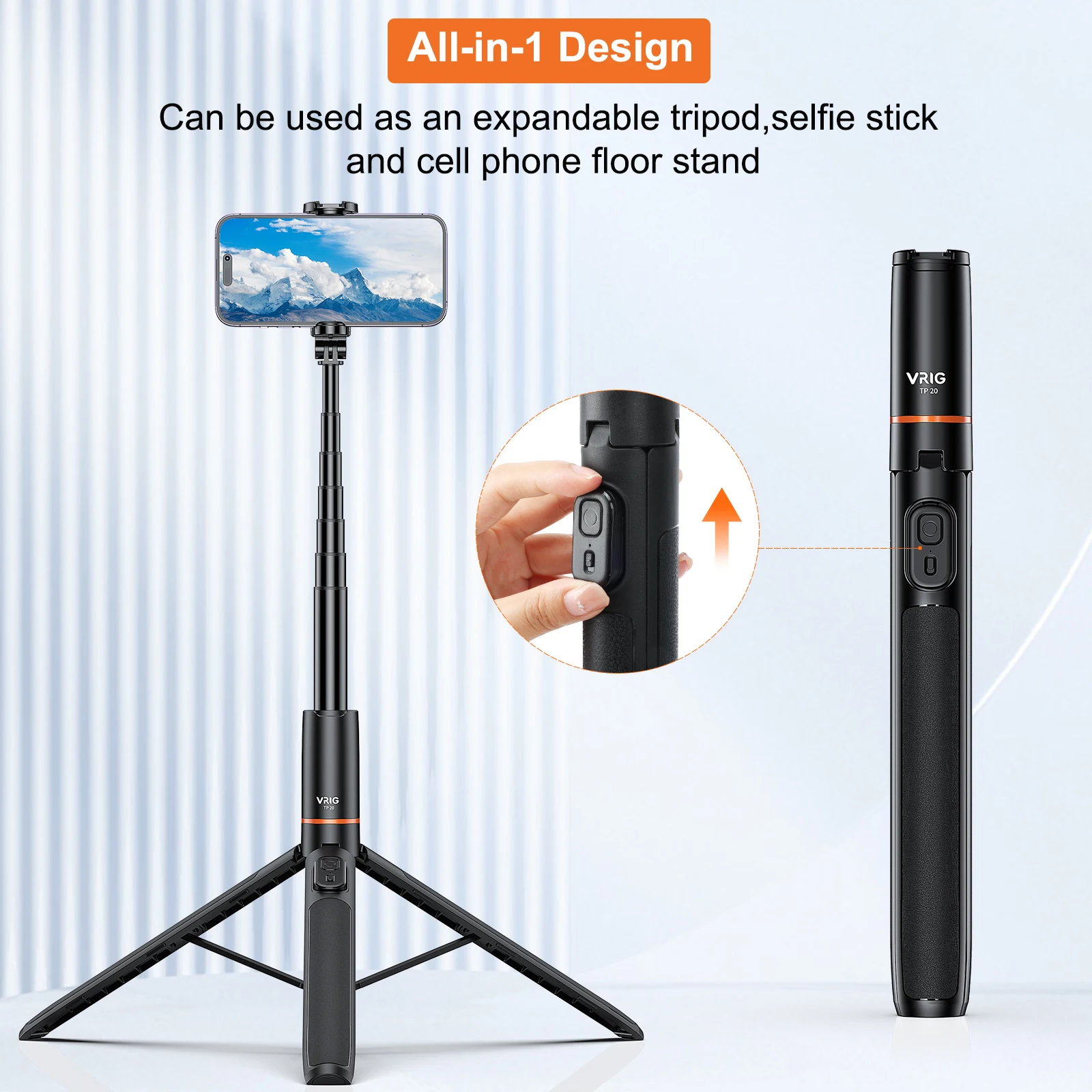 VRIG Phone Tripod Selfie Stick 162cm Extendable 360 Rotation Hidden Clip Smartphone iOS Android Video Recording Photography