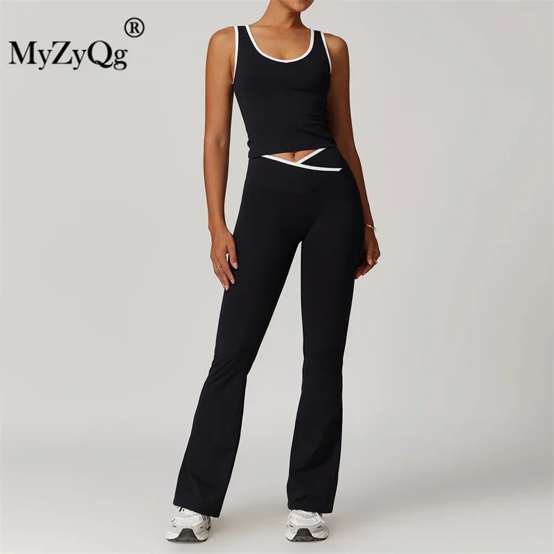 MyZyQg Crossover High Waist Exercise Yoga Vest Flared Pants Suit Women Clashing Color Backless Skinny Running Fitness Pant Set