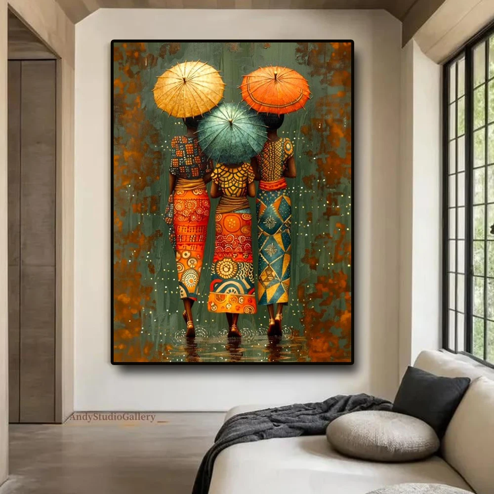 African Black Women With Umbrella Canvas Wall Art Abstract Figure Poster Print Ethnic African American Woman Canvas Painting
