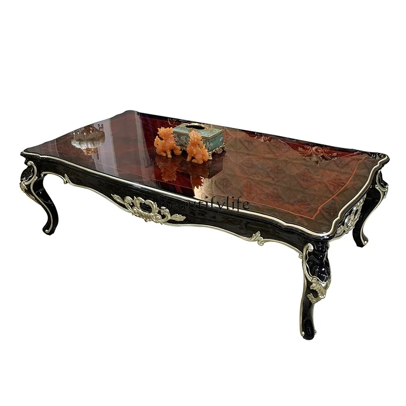 

05-French luxury large coffee table, European rectangular solid wood small apartment living room parquet tea table